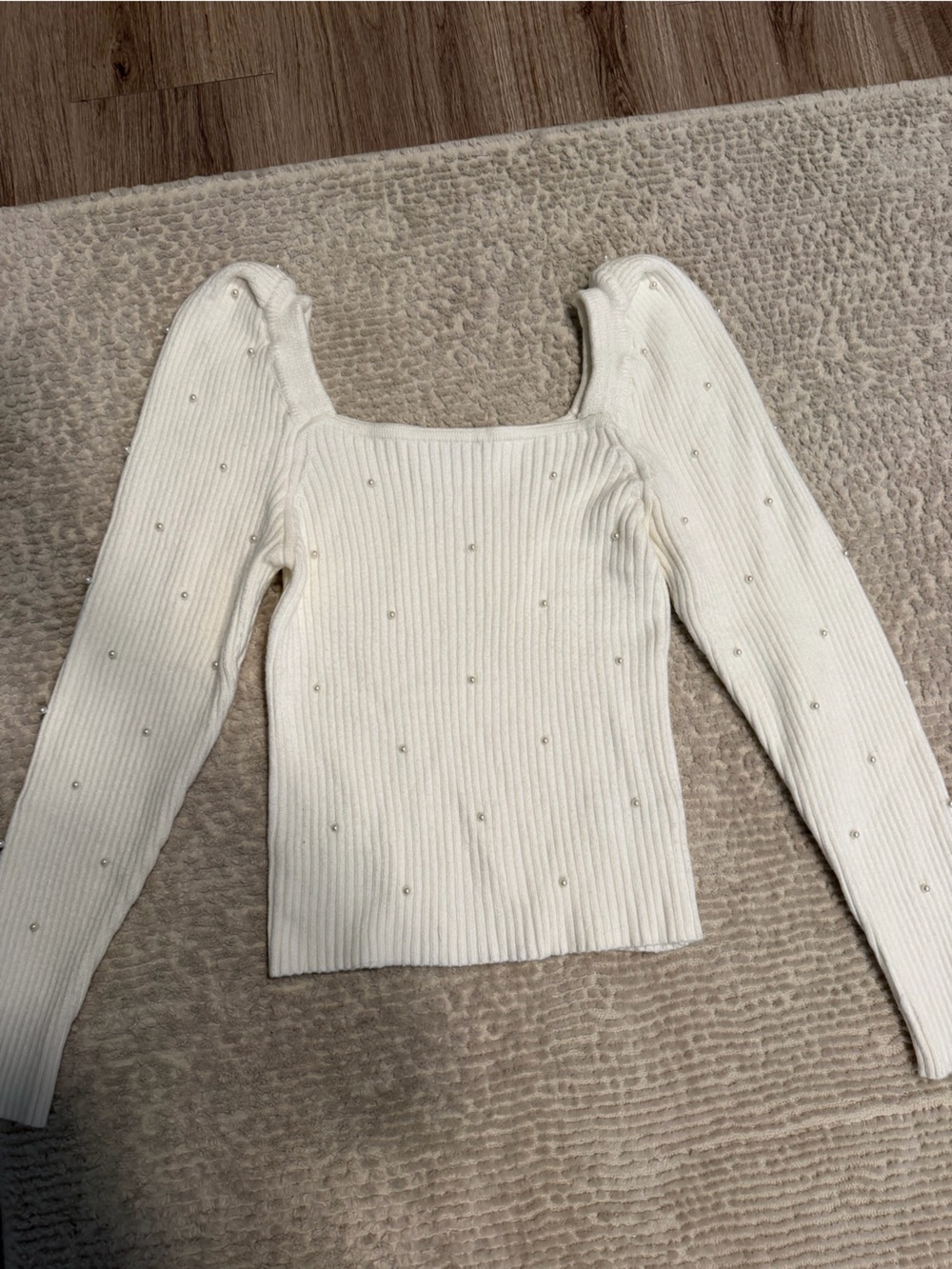 Women’s Cream Ribbed Sweater with Pearl Accents